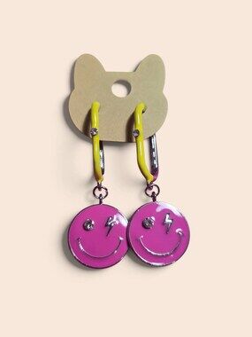 Pink Smiley Face & Lightning Eye Yellow Hoop Drop Earrings